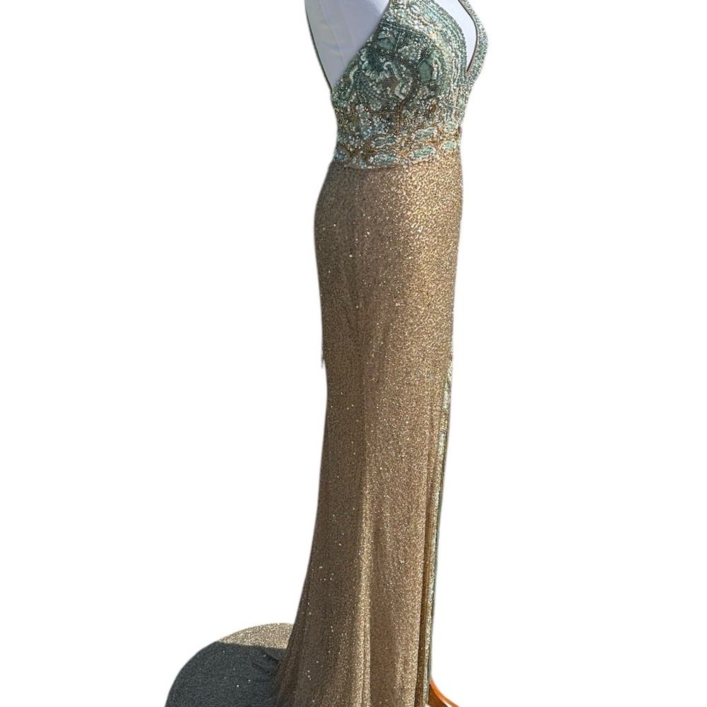 Rare hard to find Sherri Hill 54140 Gold Aqua Beaded Backless
Prom Evening Gown - Picture 7 of 16